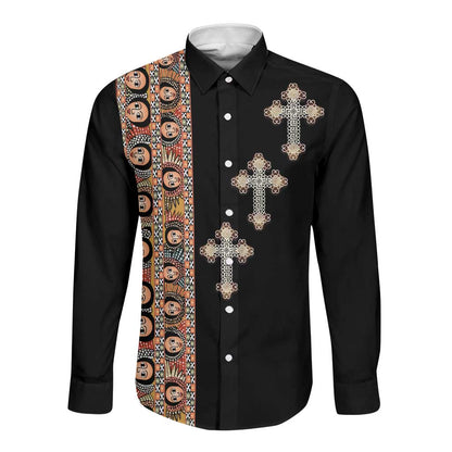 Ethiopia Angels Tilet With Cross Long Sleeve Button Shirt Black Color