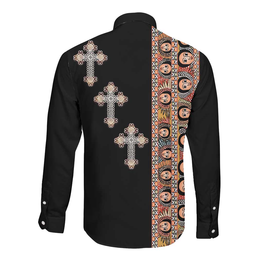 Ethiopia Angels Tilet With Cross Long Sleeve Button Shirt Black Color