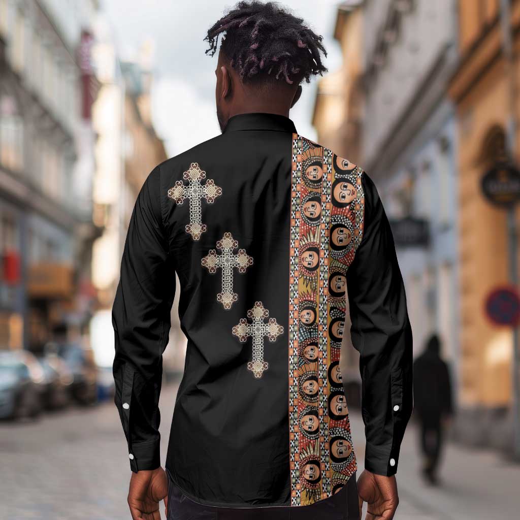 Ethiopia Angels Tilet With Cross Long Sleeve Button Shirt Black Color