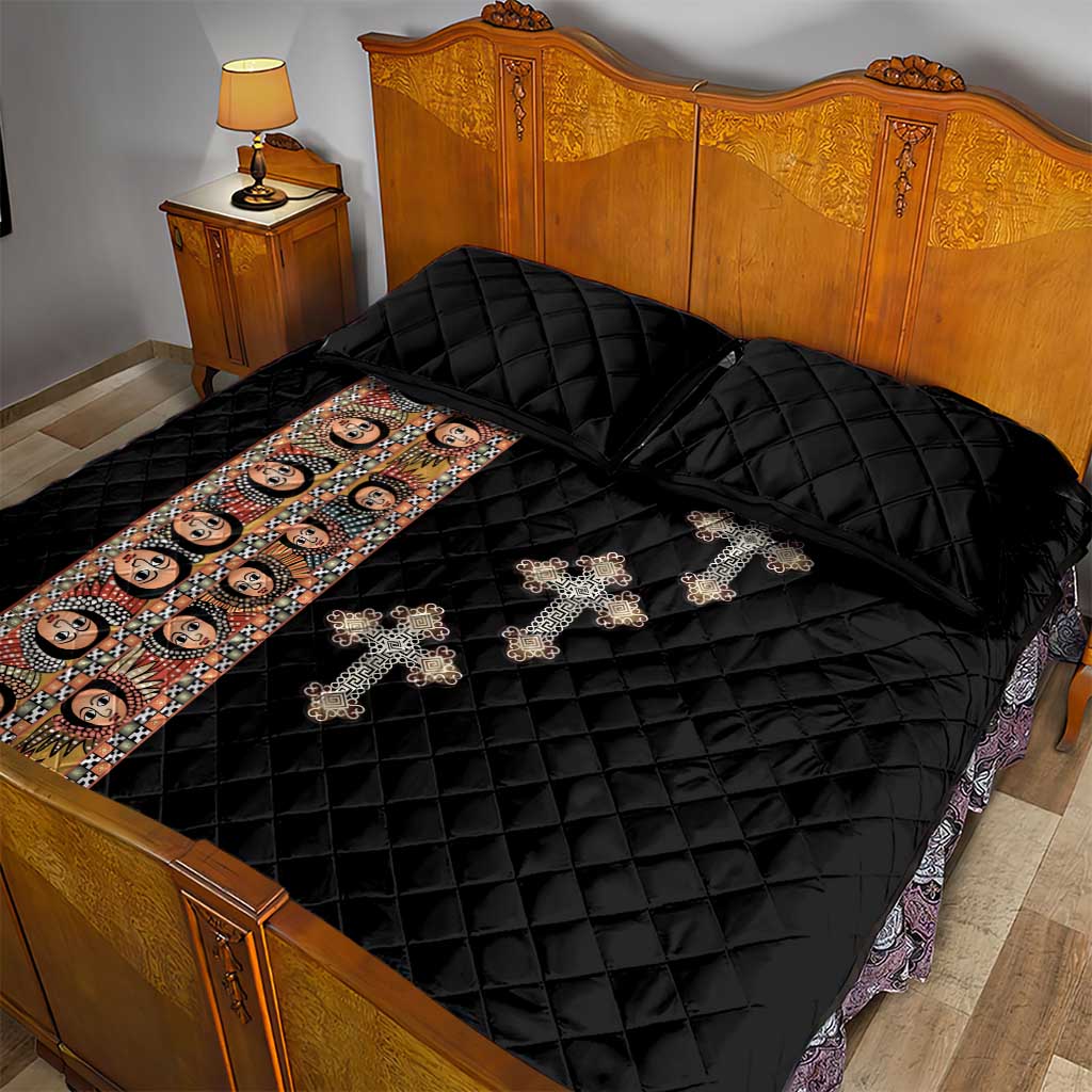 Ethiopia Angels Tilet With Cross Quilt Bed Set Black Color