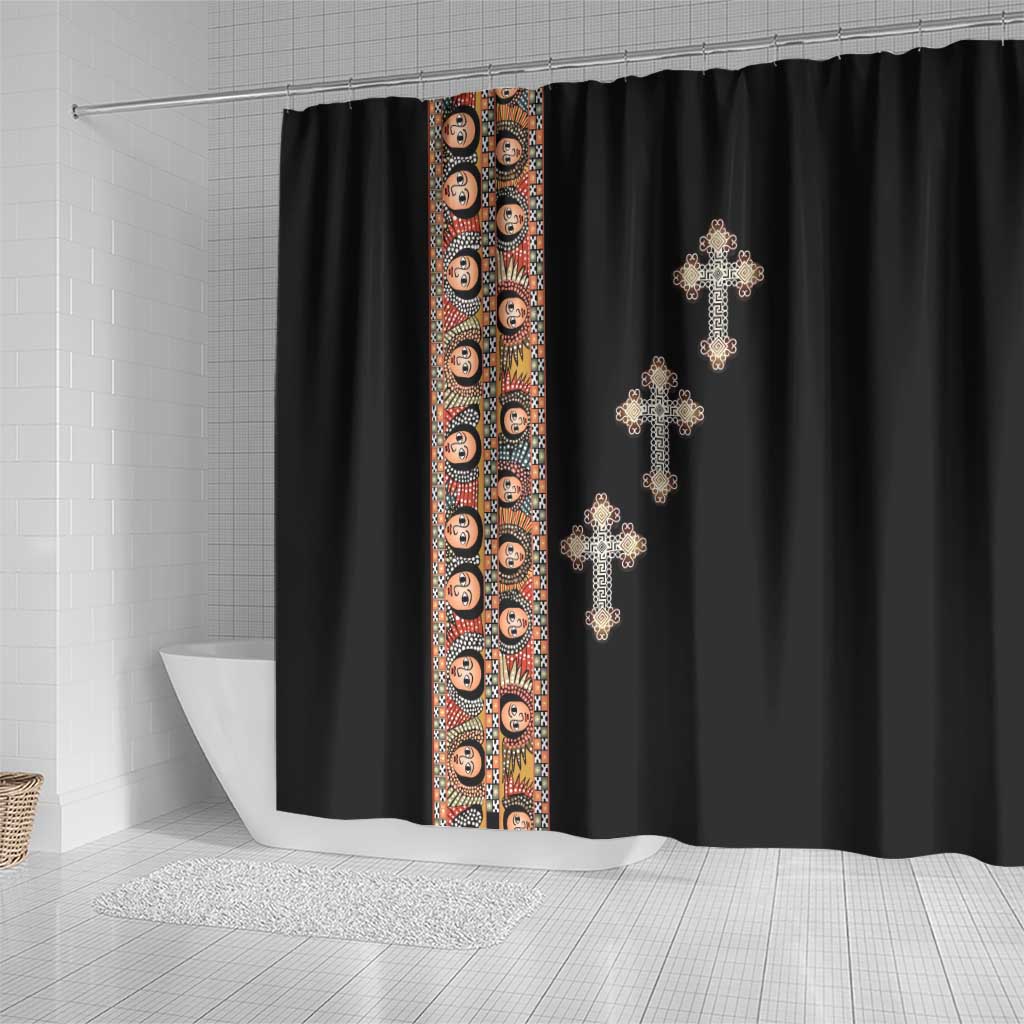Ethiopia Angels Tilet With Cross Shower Curtain Black Color