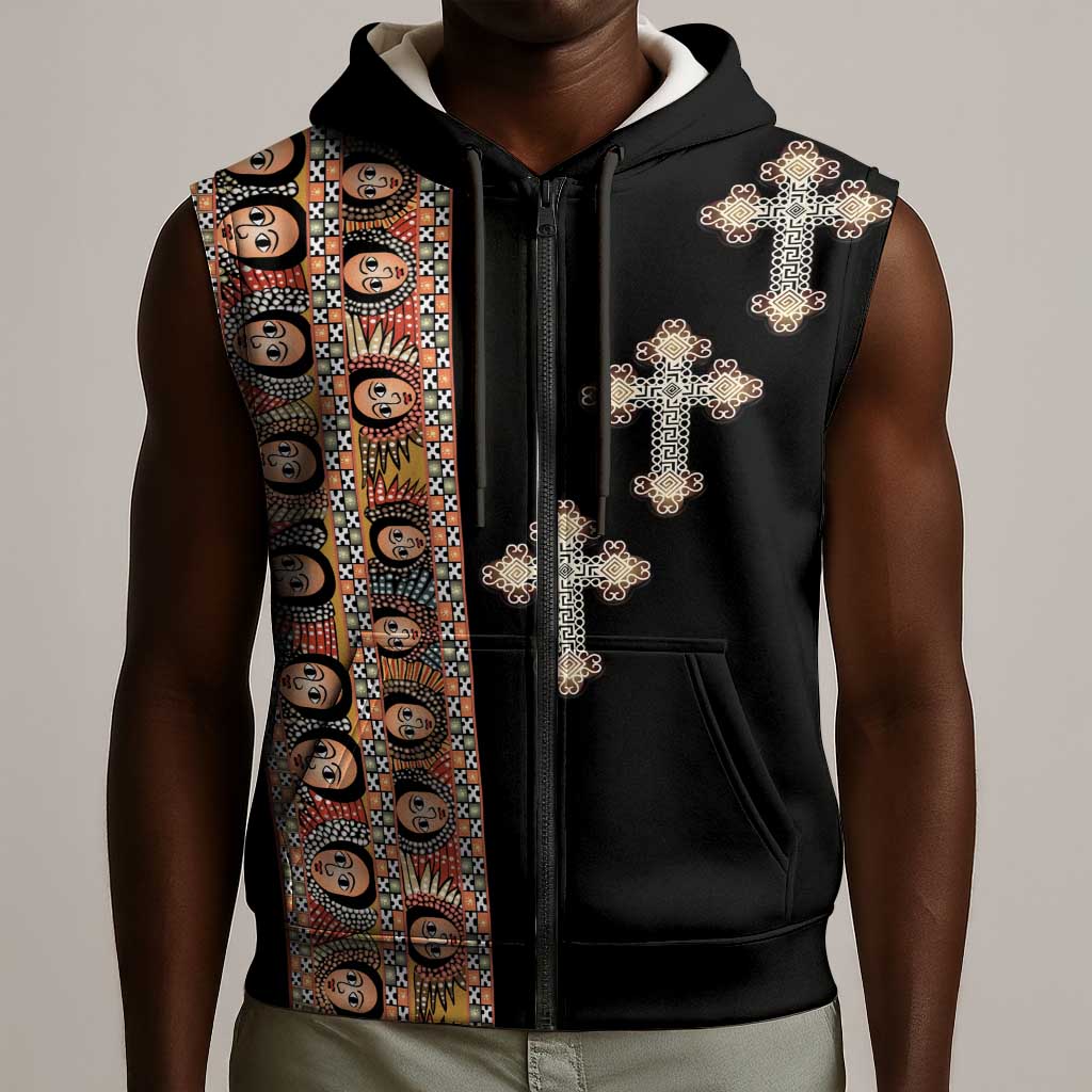 Ethiopia Angels Tilet With Cross Sleeveless Zip Hoodie Black Color - African Pride