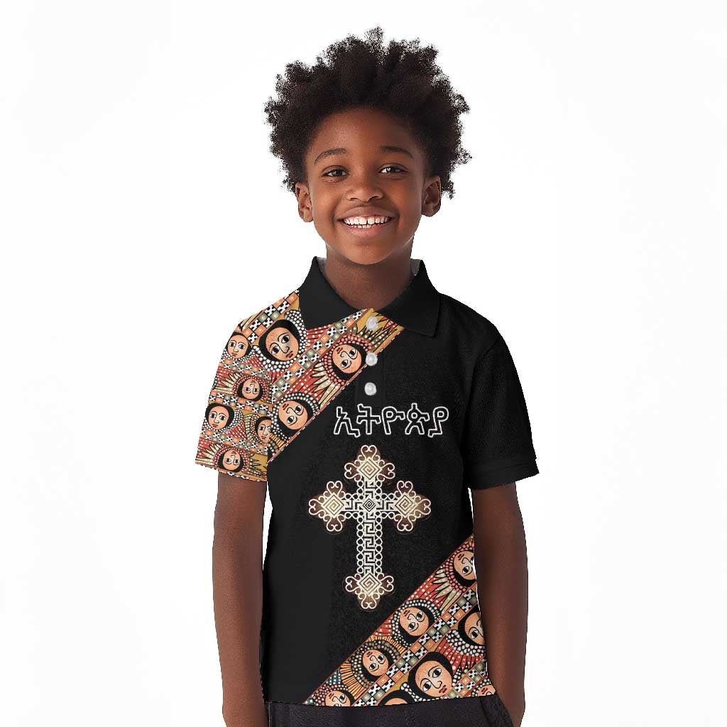 Personalized Ethiopia Kid Polo Shirt Ethiopian Orthodox Church Angel Black Color