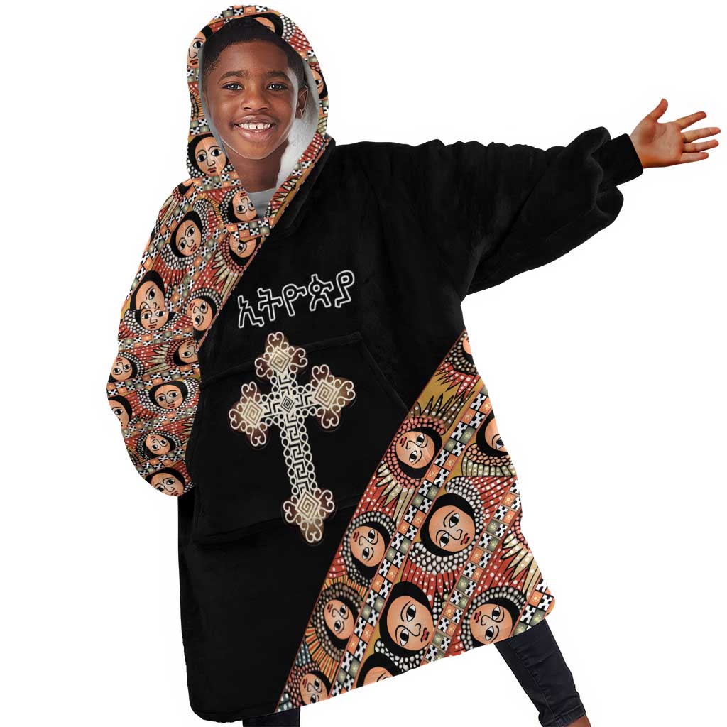 Personalized Ethiopia Kid Wearable Blanket Hoodie Ethiopian Orthodox Church Angel Black Color