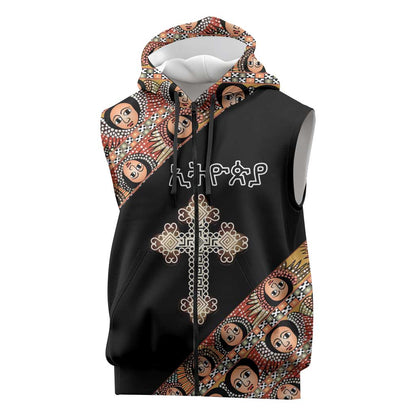 Personalized Ethiopia Sleeveless Zip Hoodie Ethiopian Orthodox Church Angel Black Color - African Pride