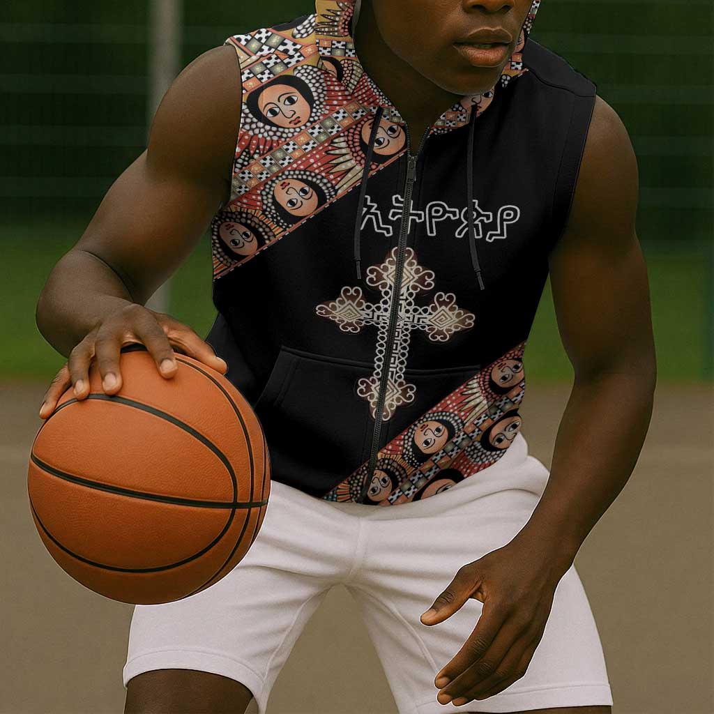 Personalized Ethiopia Sleeveless Zip Hoodie Ethiopian Orthodox Church Angel Black Color - African Pride