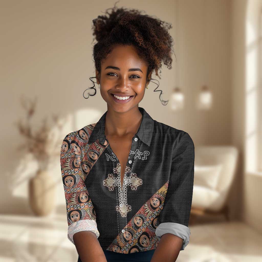 Personalized Ethiopia Women Casual Shirt Ethiopian Orthodox Church Angel Black Color