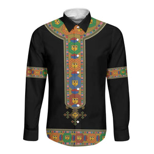 Ethiopia Saba Kemis Habesha Style Long Sleeve Button Shirt Black Color