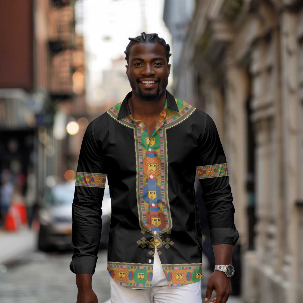 Ethiopia Saba Kemis Habesha Style Long Sleeve Button Shirt Black Color