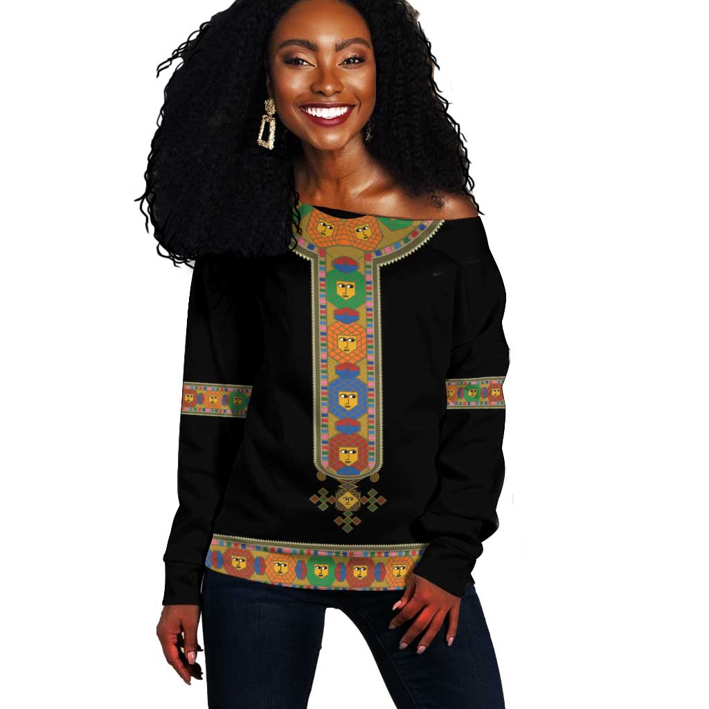 Ethiopia Saba Kemis Habesha Style Off Shoulder Sweater Black Color