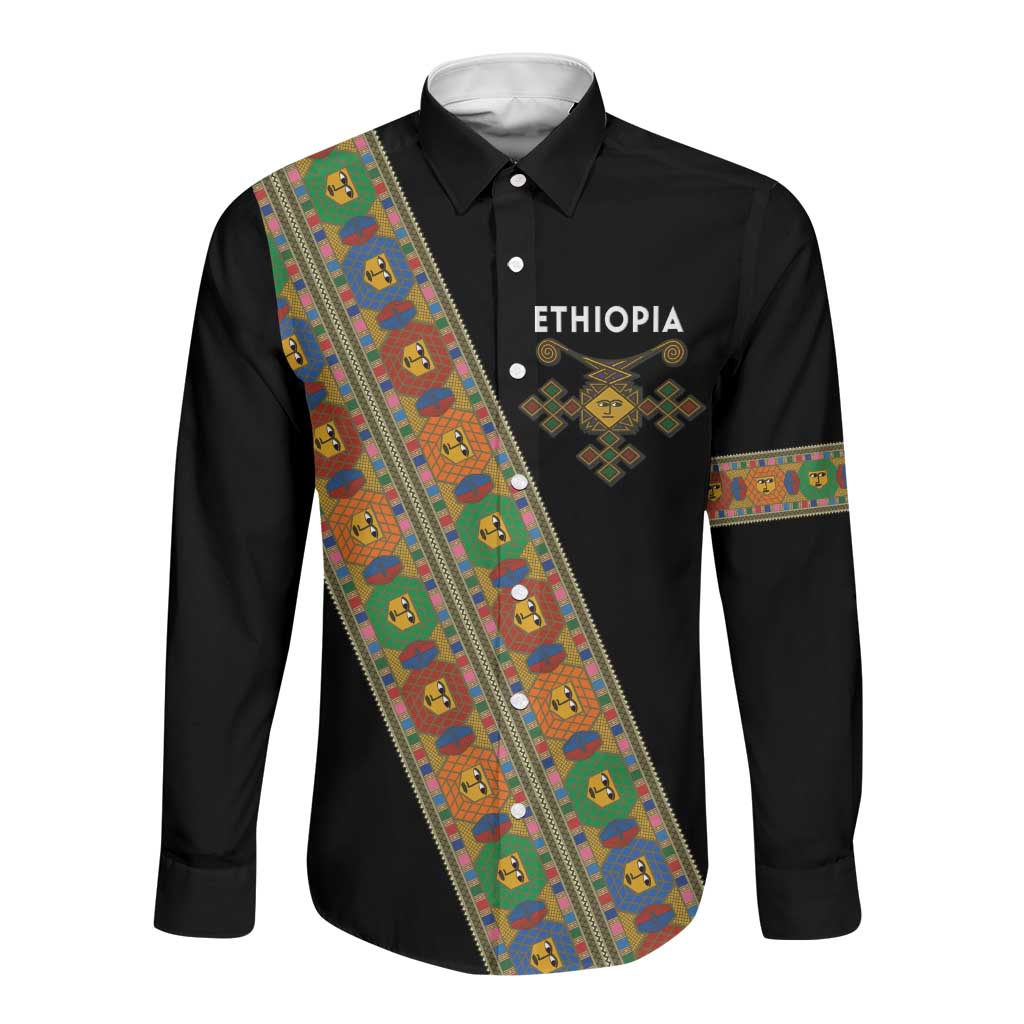Ethiopia Saba Kemis Sash Style Long Sleeve Button Shirt Black Color