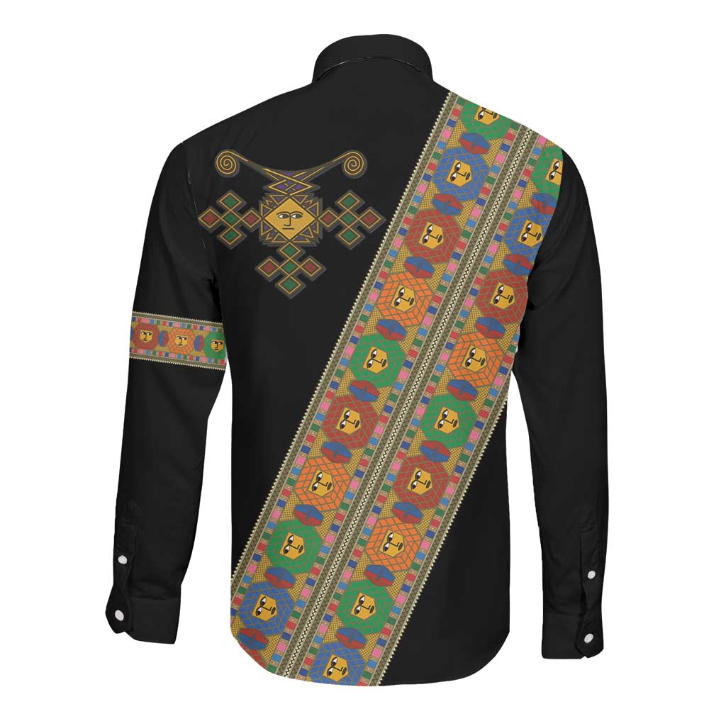 Ethiopia Saba Kemis Sash Style Long Sleeve Button Shirt Black Color