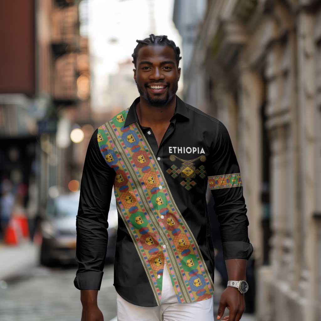 Ethiopia Saba Kemis Sash Style Long Sleeve Button Shirt Black Color
