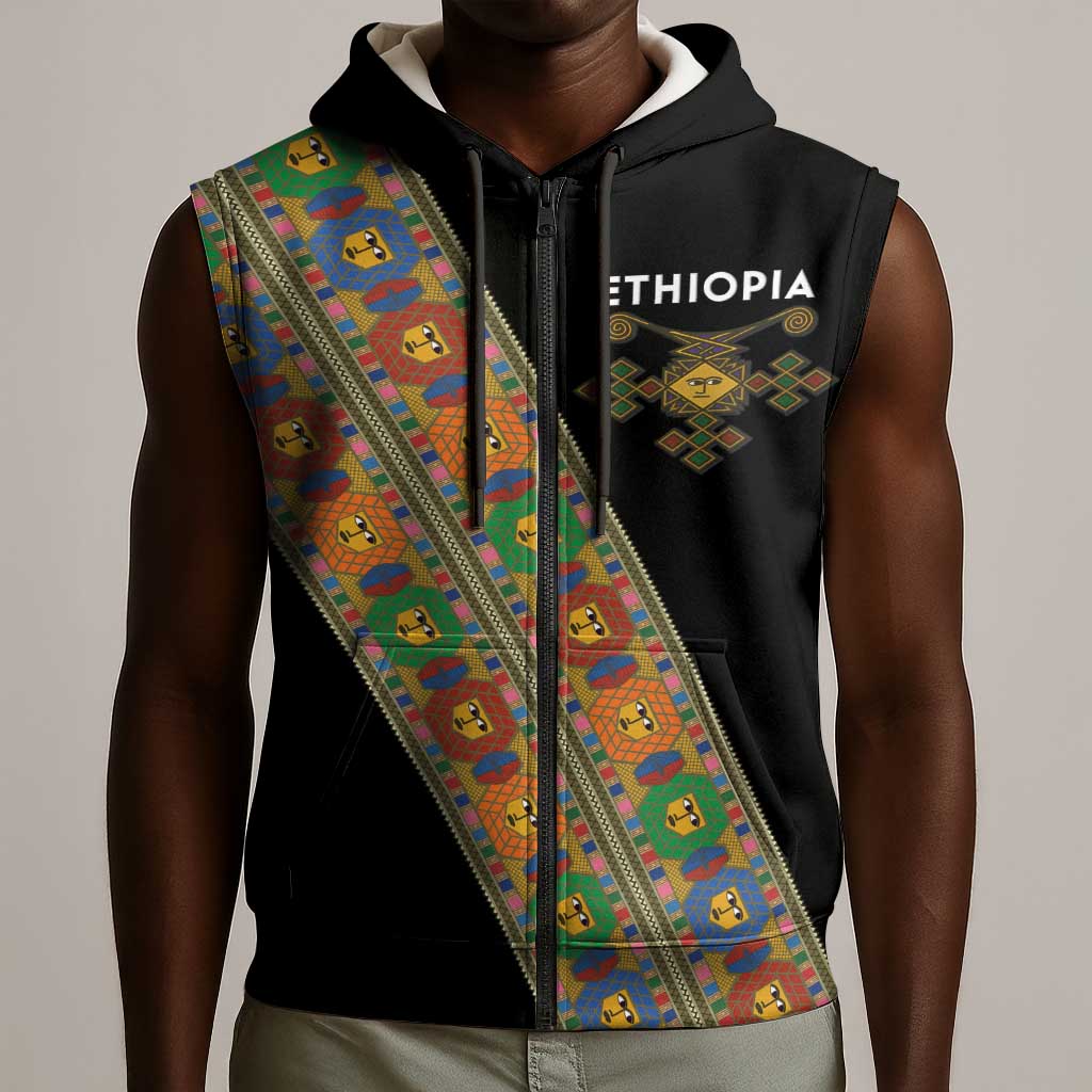 Ethiopia Saba Kemis Sash Style Sleeveless Zip Hoodie Black Color - African Pride