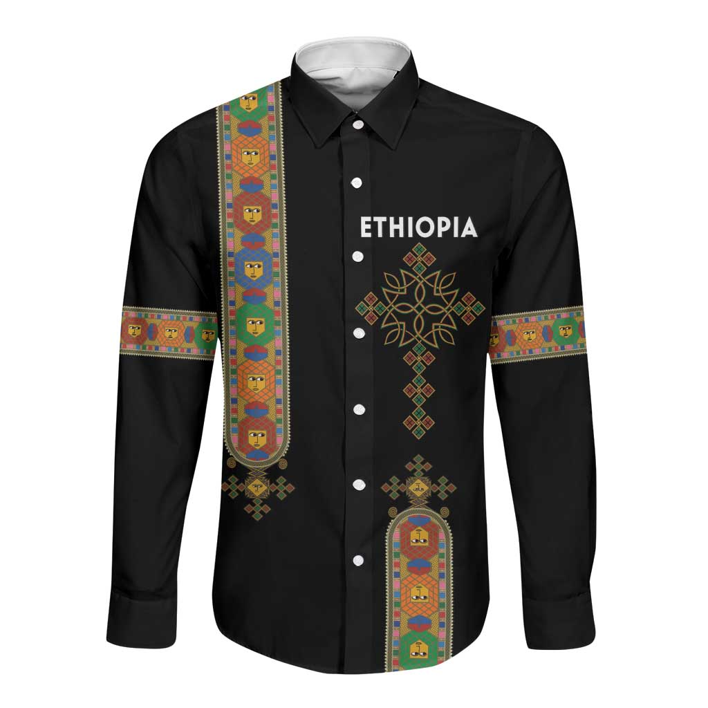 Ethiopia Saba Kemis Long Sleeve Button Shirt Lion Of Judah Black Color