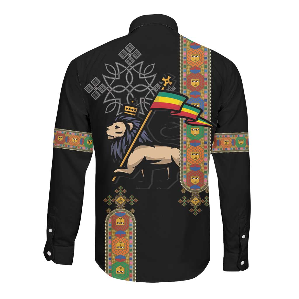 Ethiopia Saba Kemis Long Sleeve Button Shirt Lion Of Judah Black Color