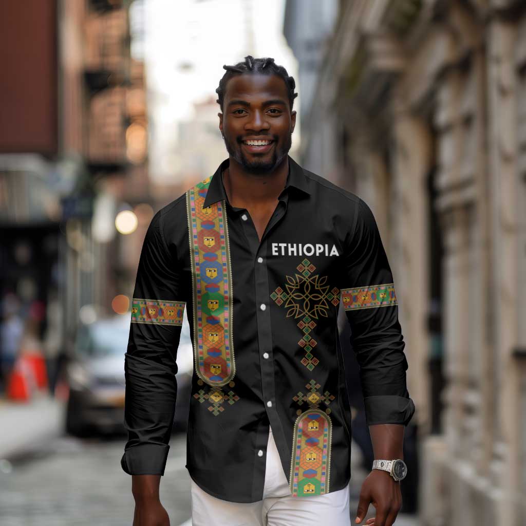 Ethiopia Saba Kemis Long Sleeve Button Shirt Lion Of Judah Black Color