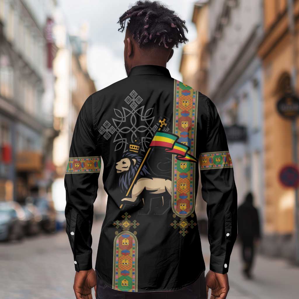 Ethiopia Saba Kemis Long Sleeve Button Shirt Lion Of Judah Black Color