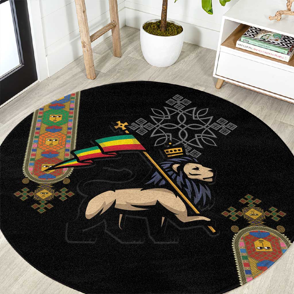 Ethiopia Saba Kemis Round Carpet Lion Of Judah Black Color