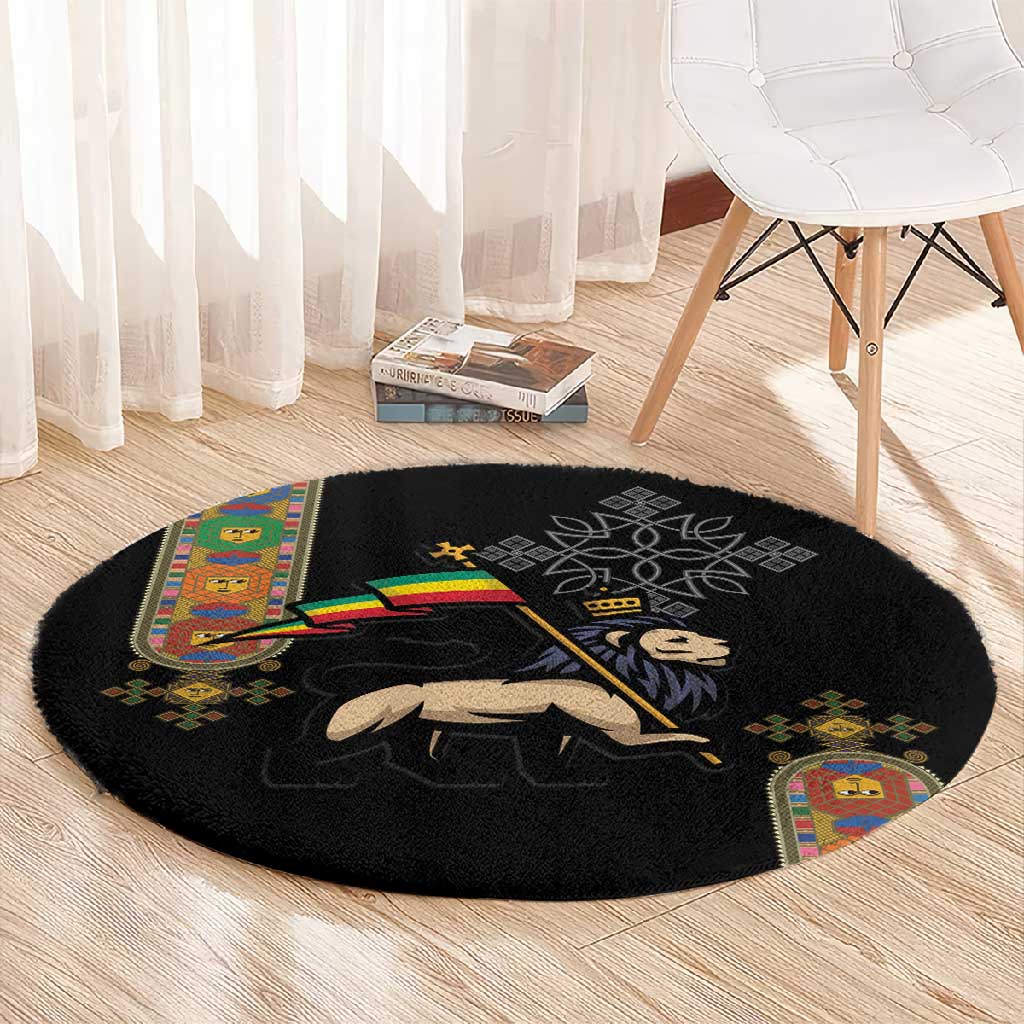 Ethiopia Saba Kemis Round Carpet Lion Of Judah Black Color