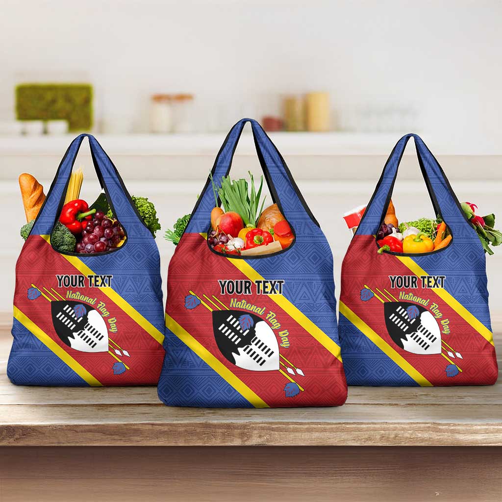 Personalized Happy Swaziland National Flag Day Grocery Bag Nguni Shield Flag Style - African Pattern