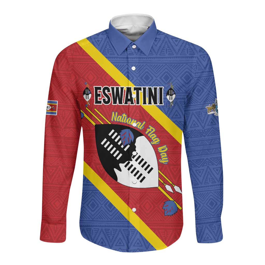 Personalized Happy Swaziland National Flag Day Long Sleeve Button Shirt Nguni Shield Flag Style - African Pattern