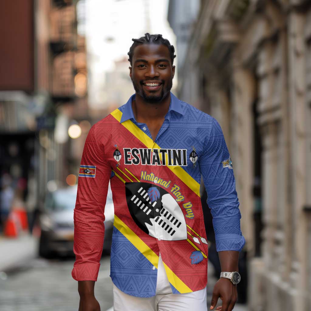 Personalized Happy Swaziland National Flag Day Long Sleeve Button Shirt Nguni Shield Flag Style - African Pattern