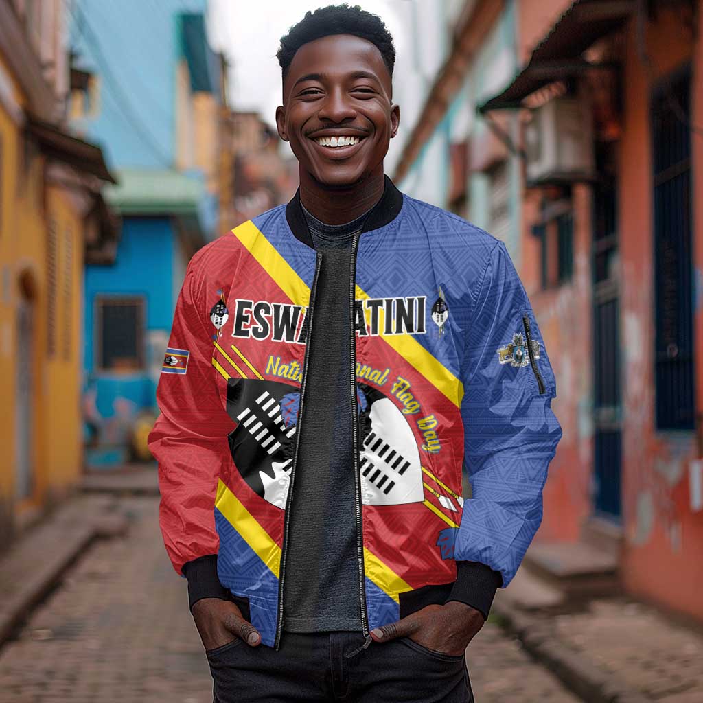Personalized Happy Swaziland National Flag Day Sleeve Zip Bomber Jacket Nguni Shield Flag Style - African Pattern