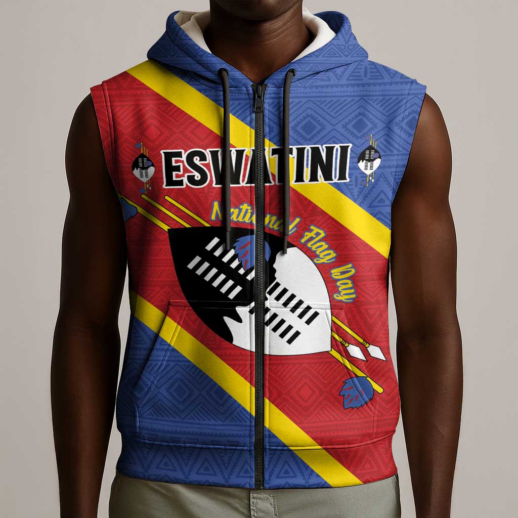 Personalized Happy Swaziland National Flag Day Sleeveless Zip Hoodie Nguni Shield Flag Style - African Pattern - African Pride