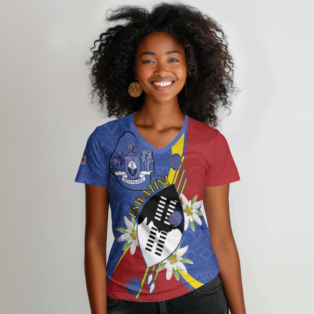 Umbuso weSwatini Women V-Neck T-Shirt Nguni Shield Edelweiss Flower