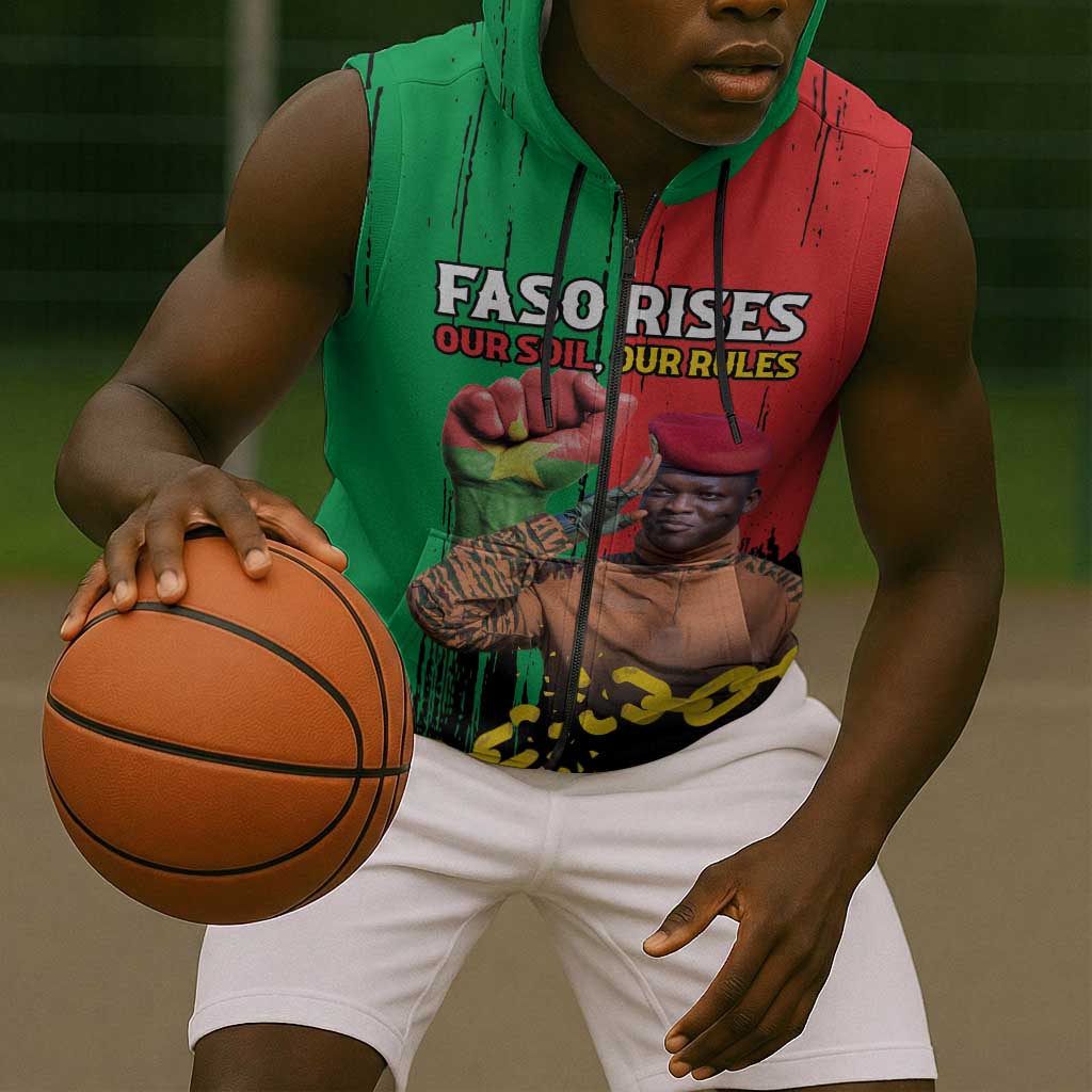 Faso Rises Our Soil Our Rules Sleeveless Zip Hoodie Ibrahim Traore Revolutionary Spirit - African Pride