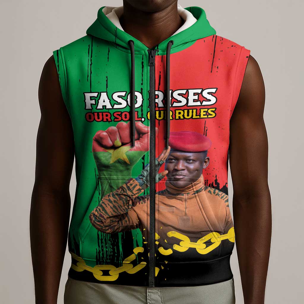 Faso Rises Our Soil Our Rules Sleeveless Zip Hoodie Ibrahim Traore Revolutionary Spirit - African Pride