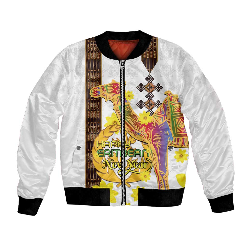 Melkam Enkutatash Eritrean Bomber Jacket Camel With Habesha Tilet Pattern - African Pride