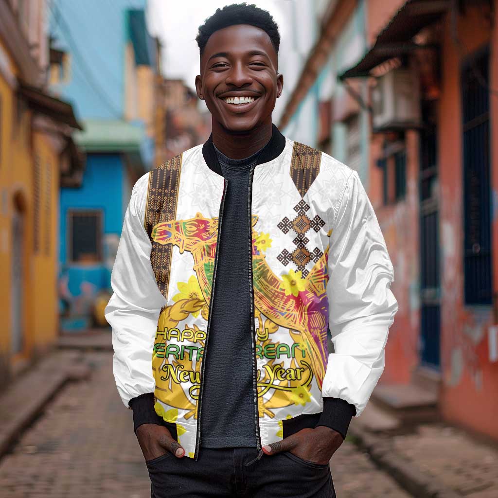 Melkam Enkutatash Eritrean Bomber Jacket Camel With Habesha Tilet Pattern - African Pride