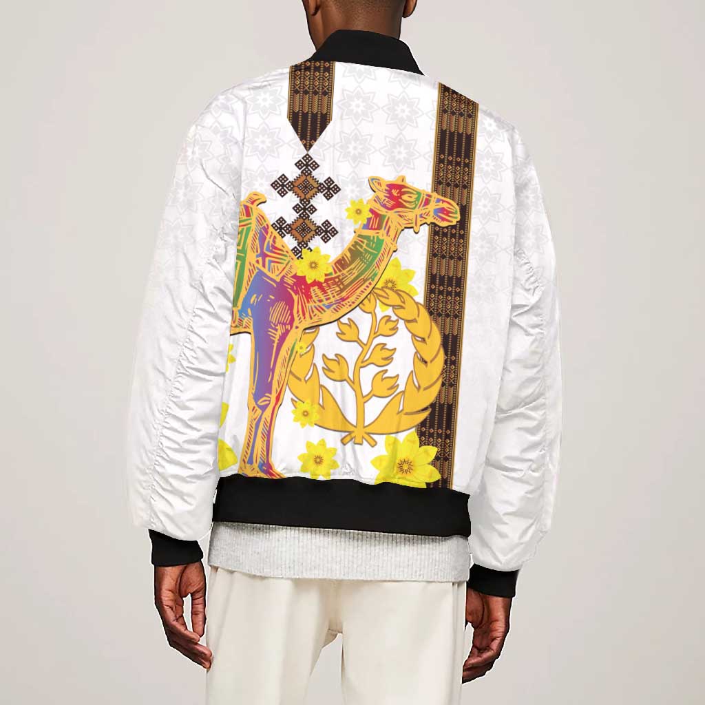 Melkam Enkutatash Eritrean Bomber Jacket Camel With Habesha Tilet Pattern - African Pride