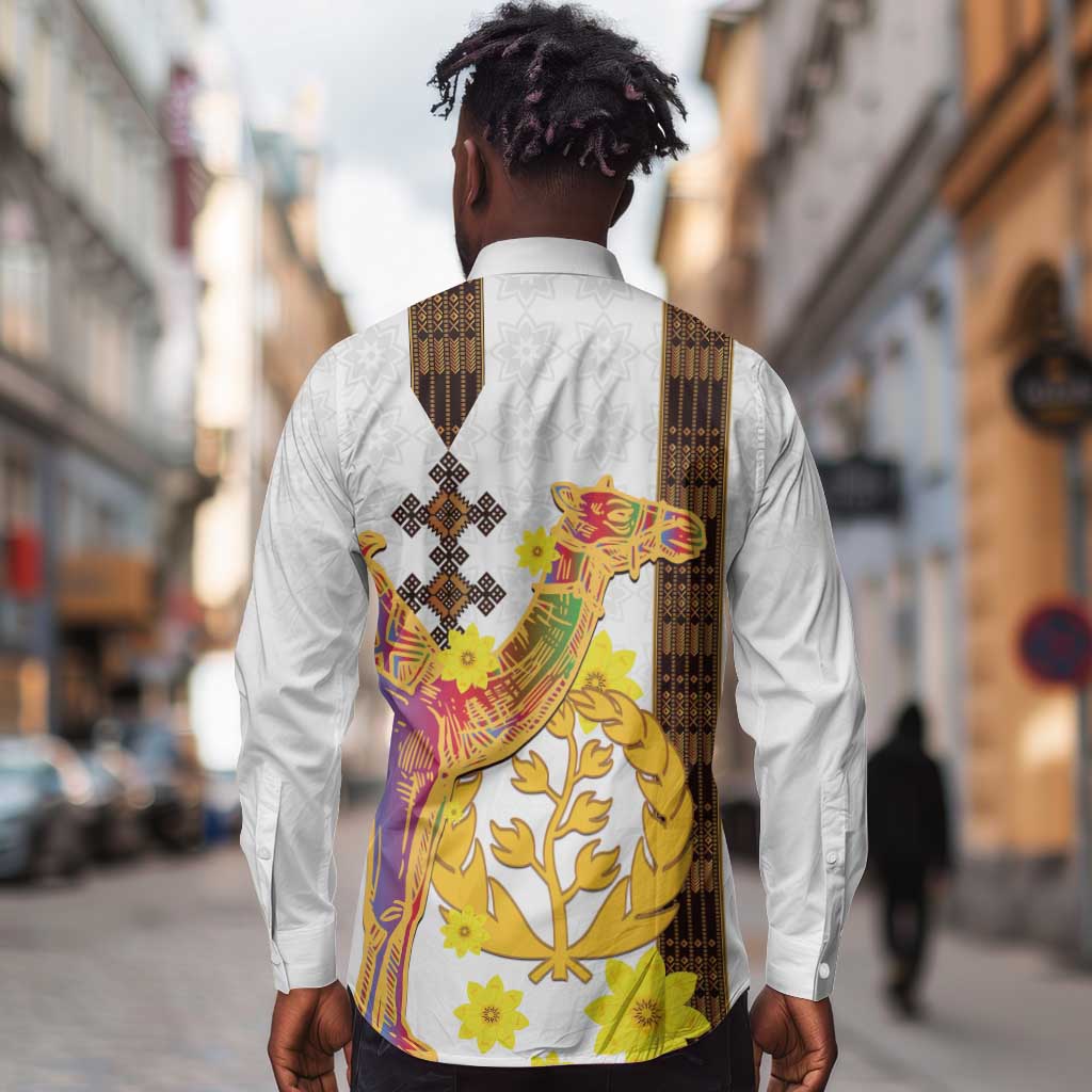 Melkam Enkutatash Eritrean Long Sleeve Button Shirt Camel With Habesha Tilet Pattern - African Pride