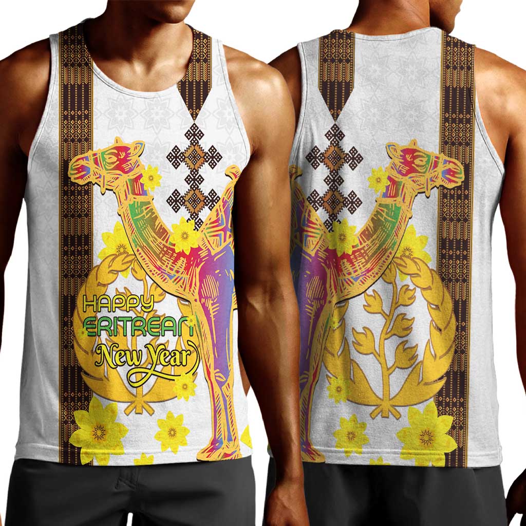 Melkam Enkutatash Eritrean Men Tank Top Camel With Habesha Tilet Pattern - African Pride