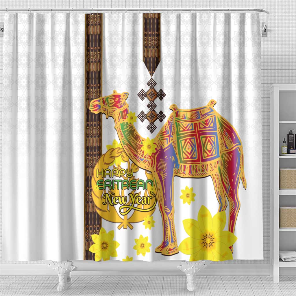 Melkam Enkutatash Eritrean Shower Curtain Camel With Habesha Tilet Pattern - African Pride