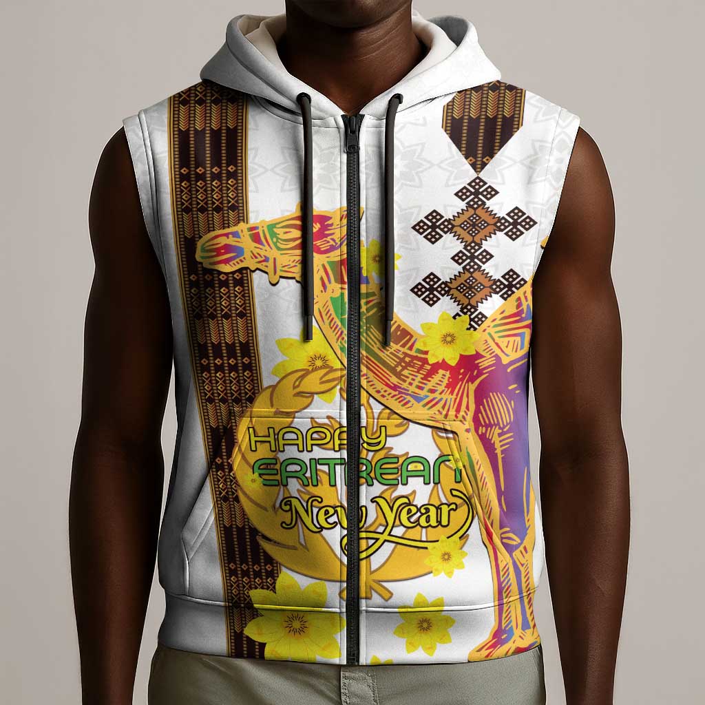 Melkam Enkutatash Eritrean Sleeveless Zip Hoodie Camel With Habesha Tilet Pattern - African Pride