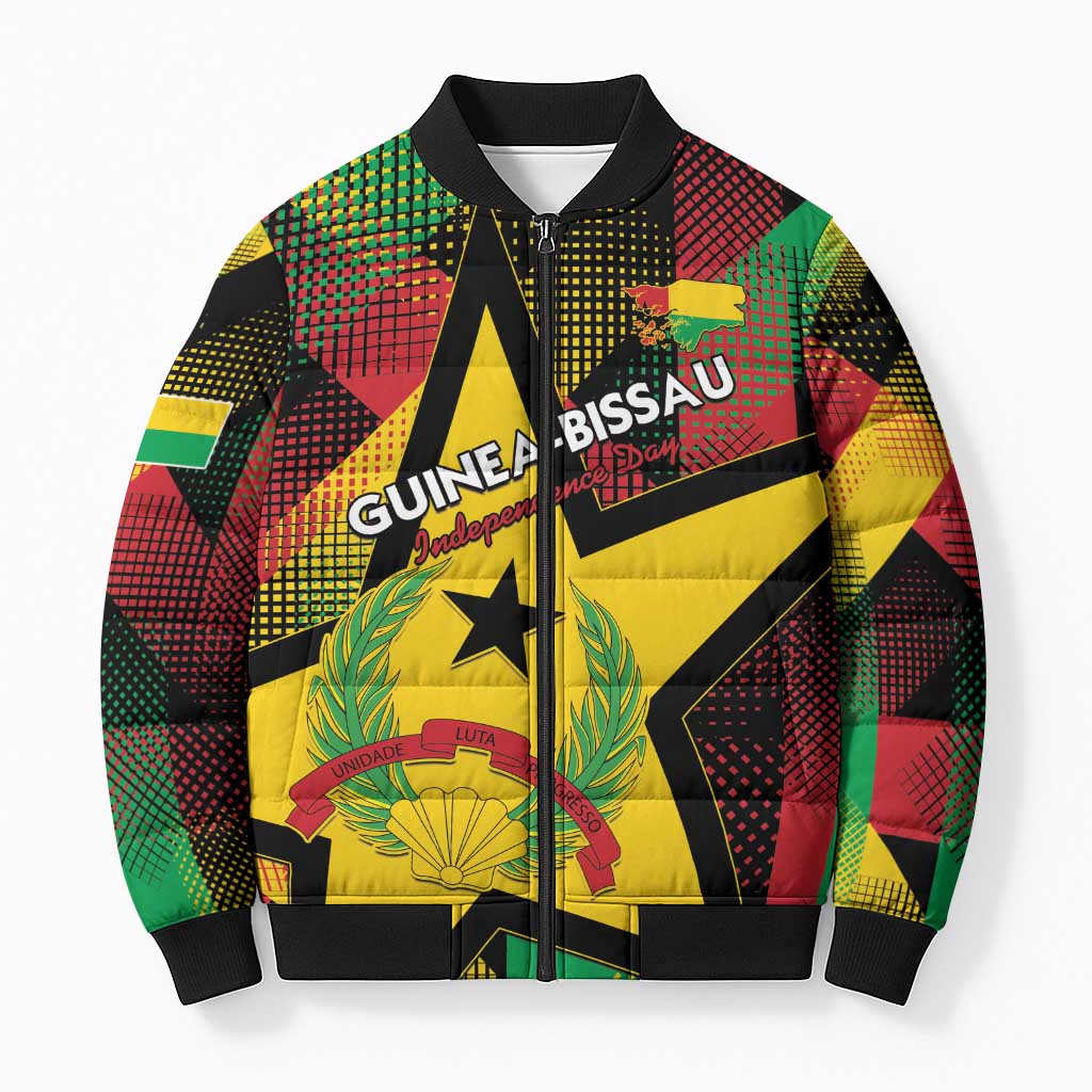 Personalized Guinea-Bissau Independence Day Bomber Puffer Jacket Coat Of Arms With Map