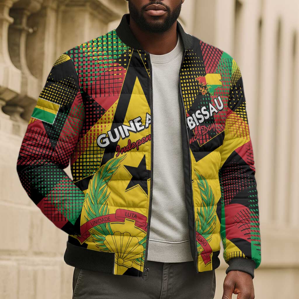 Personalized Guinea-Bissau Independence Day Bomber Puffer Jacket Coat Of Arms With Map