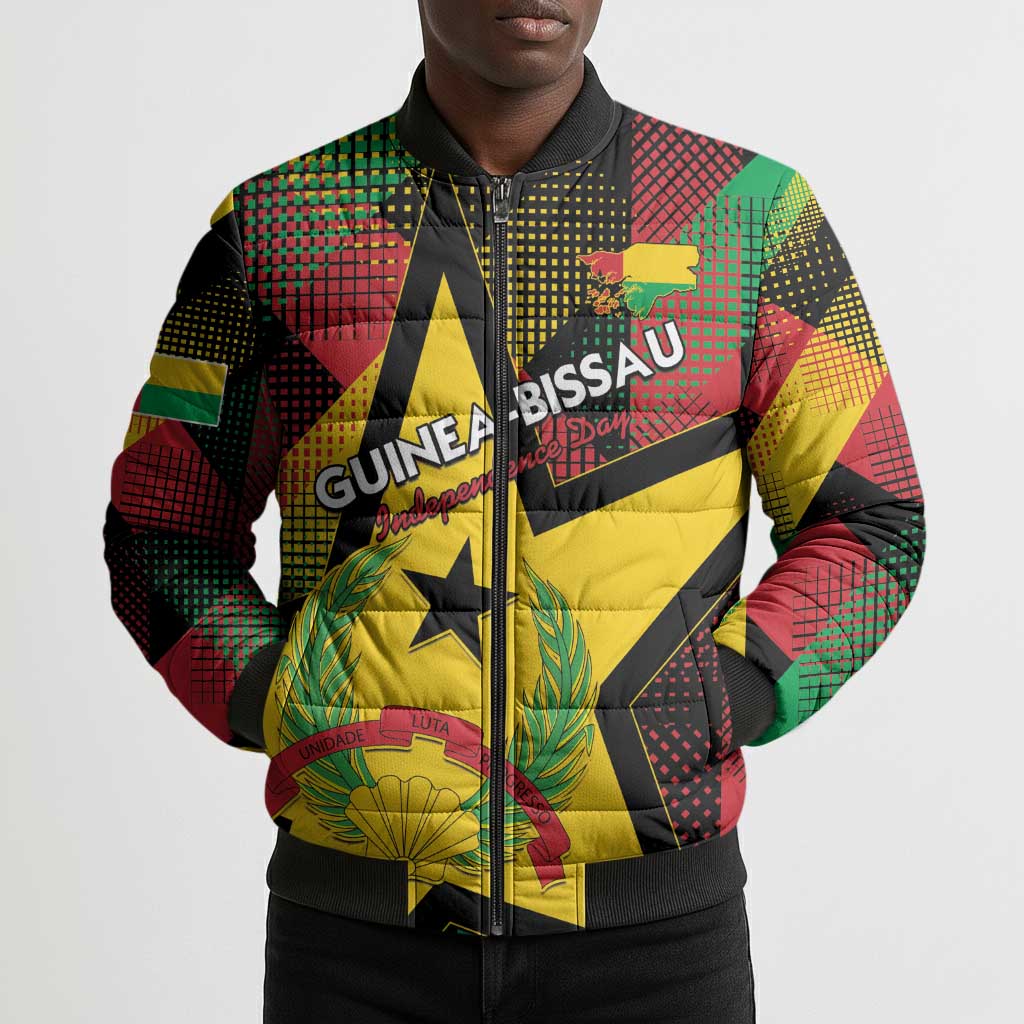Personalized Guinea-Bissau Independence Day Bomber Puffer Jacket Coat Of Arms With Map