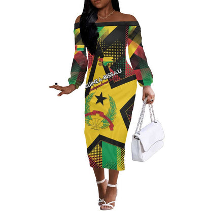 Personalized Happy Guinea-Bissau Off The Shoulder Long Sleeve Dress Independence Day - African Pride