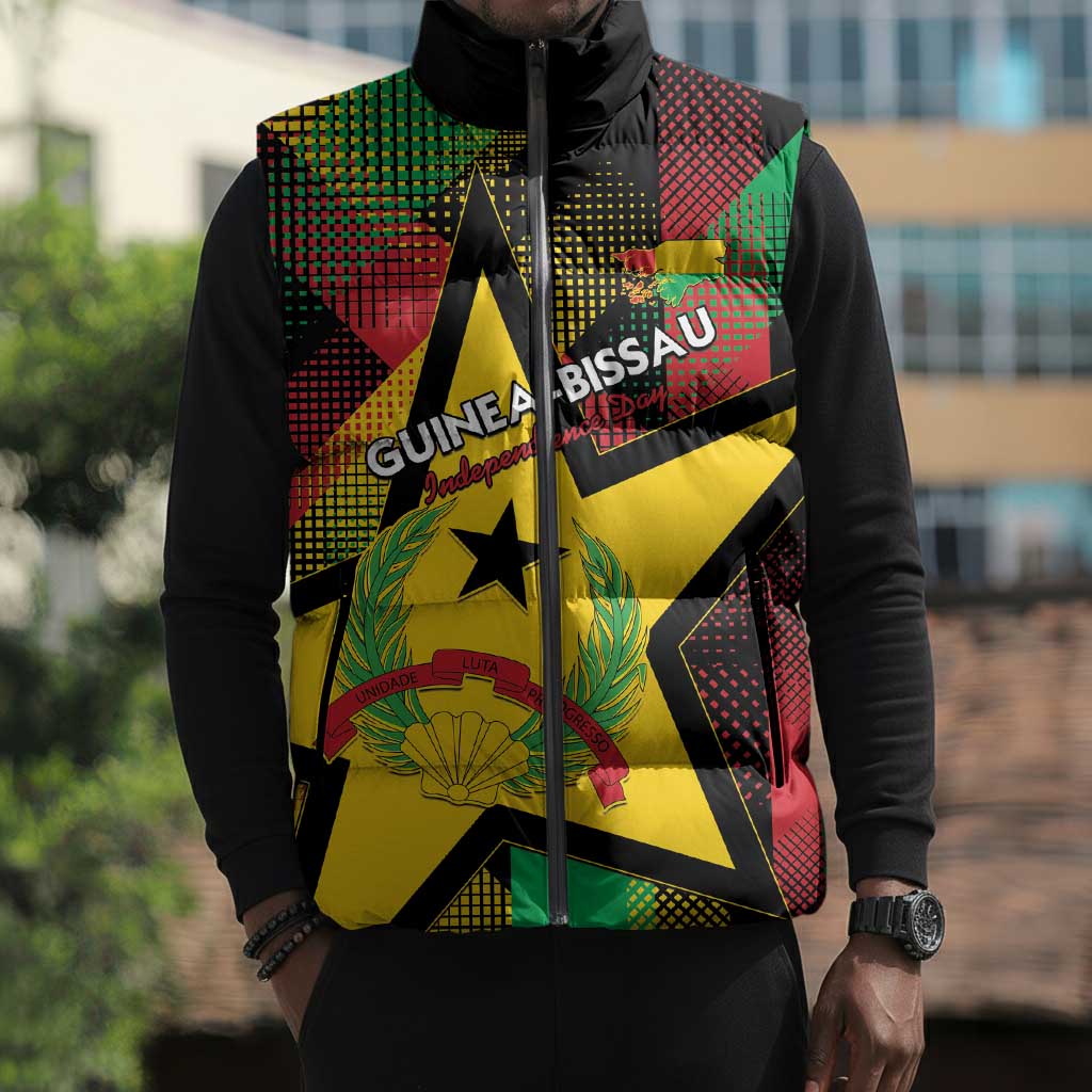 Personalized Guinea-Bissau Independence Day Sleeveless Puffer Jacket Coat Of Arms With Map