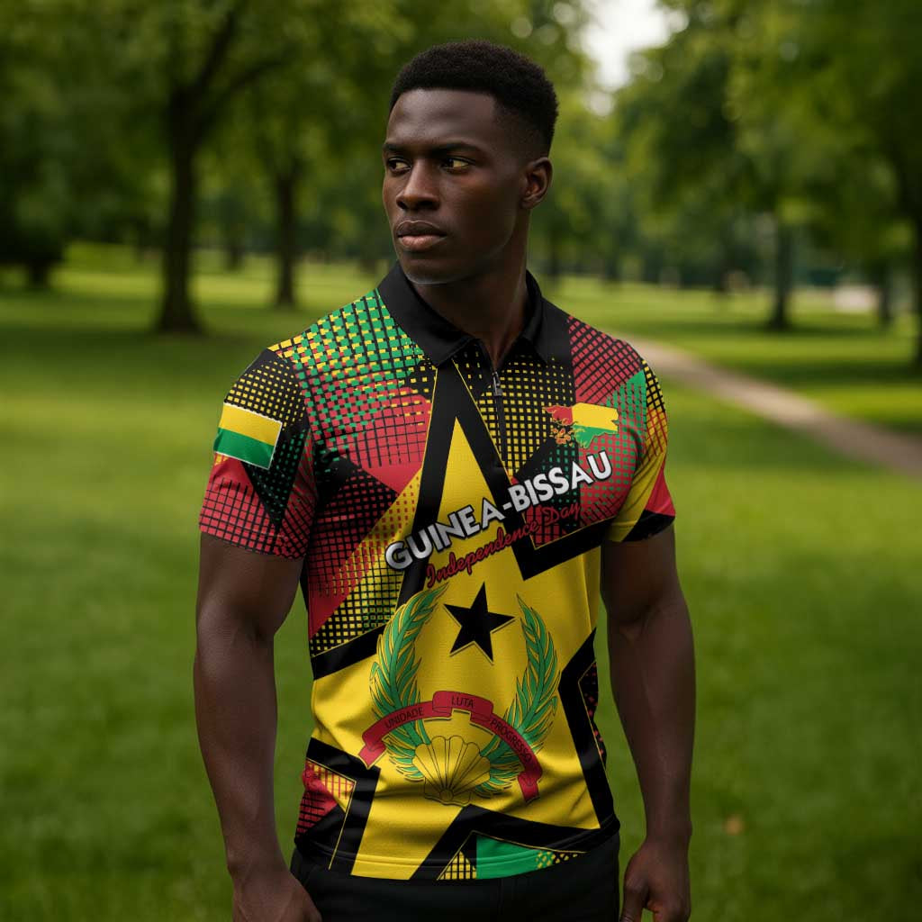 Personalized Guinea-Bissau Independence Day Zipper Polo Shirt Coat Of Arms With Map
