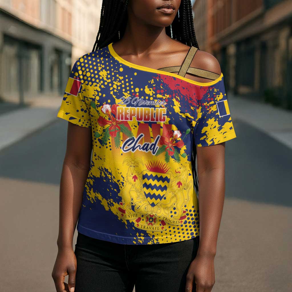 Personalized Chad Republic Day Cross Shoulder Shirt Coat Of Arms - Grunge Style