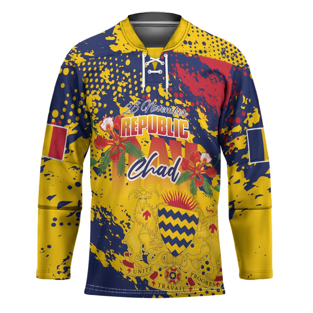 Personalized Chad Republic Day Hockey Jersey Coat Of Arms - Grunge Style