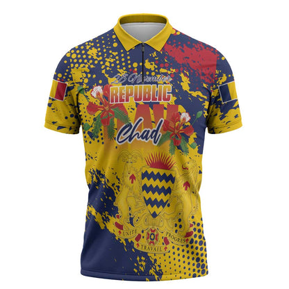 Personalized Chad Republic Day Zipper Polo Shirt Coat Of Arms - Grunge Style
