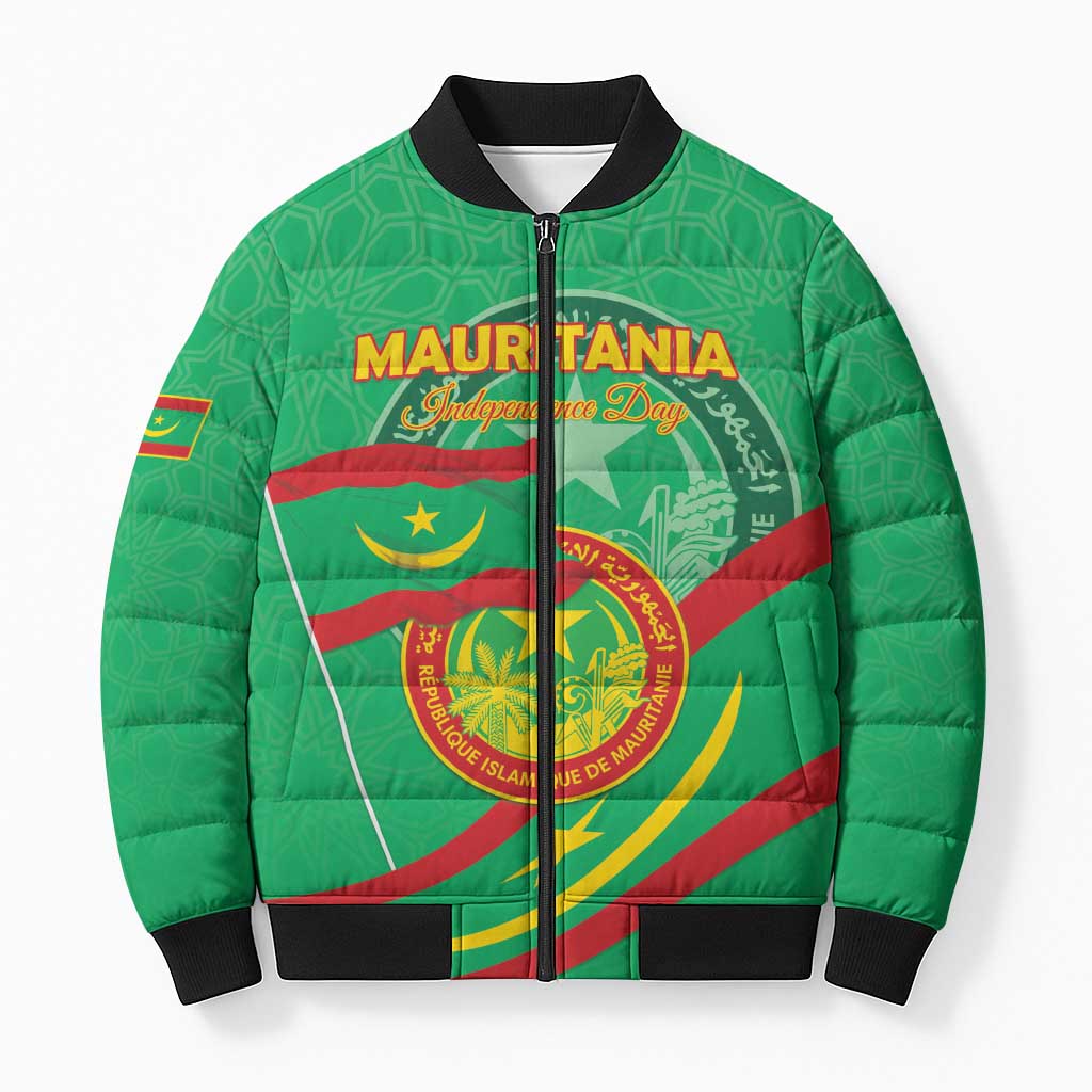 Personalized Mauritania Independence Day Bomber Puffer Jacket Coat Of Arms With Map