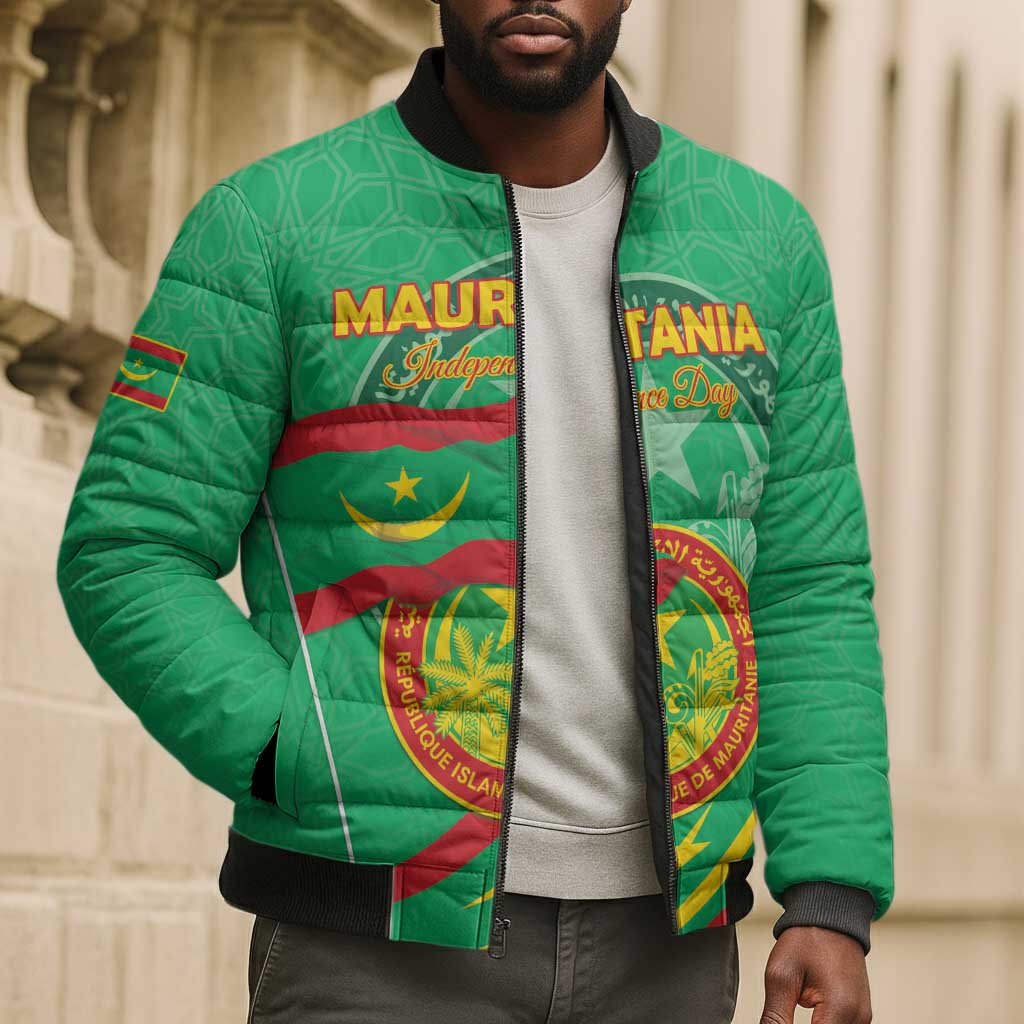 Personalized Mauritania Independence Day Bomber Puffer Jacket Coat Of Arms With Map